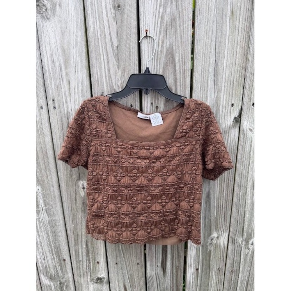 Cottagecore Boho East 5th Lace Top Large Brown Square Neck Textured Blouse